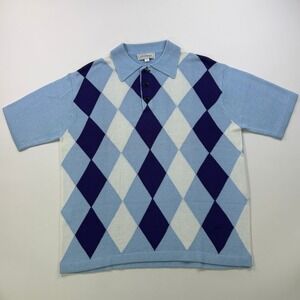 S.T. Dupont Argyle Knit Polo Shirt Mens Size M Blue Short Sleeve Vintage Sweater
